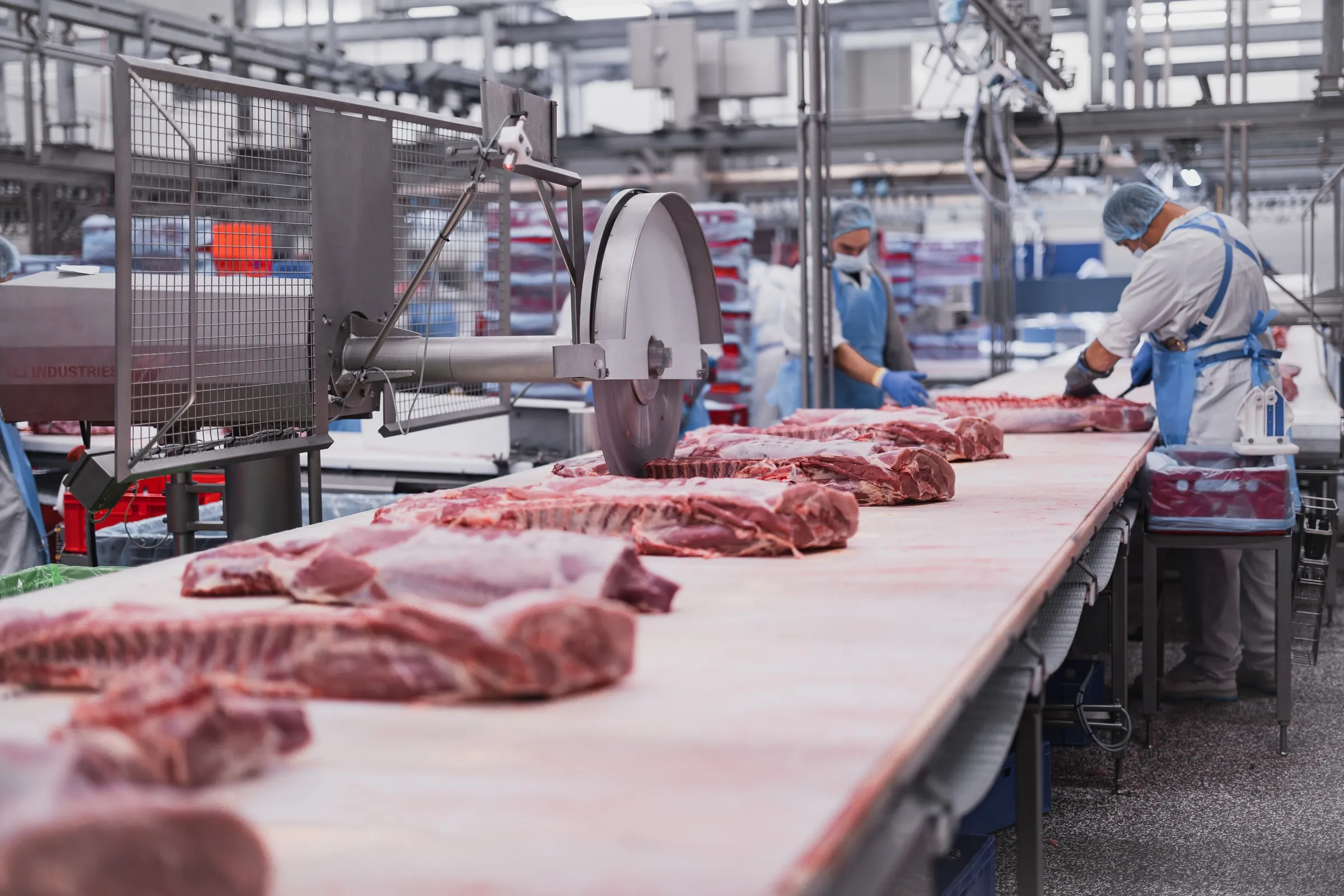 De snijlijn met deelstukken en het schijfmes, met versnijders aan het werk